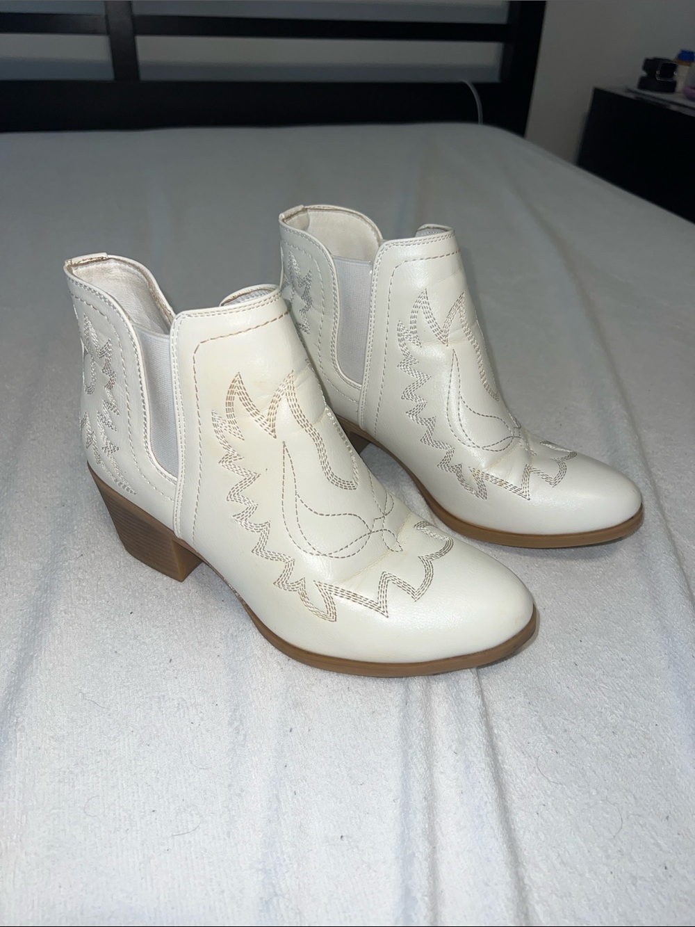 Global Win Cream Western Ankle Booties with Low Block Heel